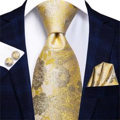 Luxury Gold Ties For Business, Luxury Gold Business Ties, Luxury Silk Ties For Semi-formal Occasions, Luxury Patterned Ties For Business, Luxury Elegant Paisley Print Ties, Gold Tie, Tie Length, Designer Suits For Men, Cufflink Set