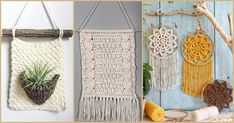 crocheted wall hangings and planters are featured in three different photos, one with