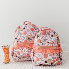 Toddler Size: 13" H x 10" W x 5" D Standard Size: 16" H x 12.5" W x 6.5" D Standard size backpack easily holds folders or 3-ring binders for school Toddler Size backpack holds standard size folder Handle on top for easy carrying One zippered exterior front pocket Two exterior side pockets sized to fit water bottles Adjustable padded shoulder straps Inside pocket that closes with velcro Both Toddler & Standard Backpack fit matching lunchbox EMBROIDERY INFORMATION: SUGGESTED EMBROIDERY COLORS: Bla Binders For School, Boss Aesthetic, Patriotic Accessories, Adorable Clothes, Girls Halloween Outfits, Outfits For Girls, School Binder, Ring Binders, Girls Holiday Dresses