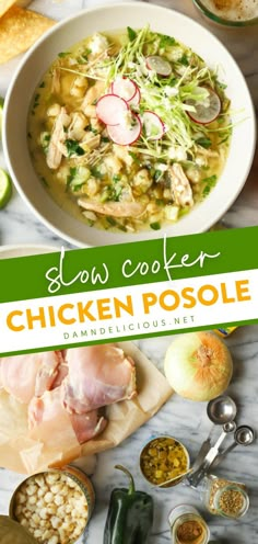 SLOW COOKER CHICKEN POSOLE, tasty chicken recipes for dinner, family dinner ideas for tonight Crockpot Posole Chicken, Crockpot Recipes Comfort Foods, Pozole Crockpot Recipe, Crockpot Chicken Pozole, Slow Cooker Chicken Posole, Posole Recipe Chicken Verde, Crockpot Posole, Chicken Posole Verde Crockpot, Green Posole Recipe Chicken Crock Pot