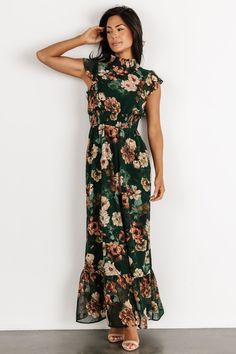 Dark Green Floral Dress, Dark Green Dress Floral, Dark Green Floral Bridesmaid Dresses, Satin Dark Green Floral Dress, Floor-length Green Maxi Dress With Floral Print, Black Floral Print Floor-length Maxi Dress, Green Chiffon Dress, Dark Floral Dress, Dark Green Dress