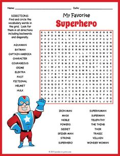 the superhero word search is shown in red and white, with an image of captain america