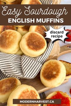 english muffins on a wooden board with text overlay that reads easy sandwich english muffins