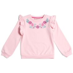 Ruffle Shoulder Details, Ribbed Trim, Floral Embroidered Detail Long Sleeve Crew Neck Pull On Cotton/Polyester Imported Machine Wash Features: Ruffle Shoulders Fall, Winter, Spring Size: Girls 4 Condition: New With Tags Spring Cotton Ruffle Sweatshirt, Spring Cotton Ruffled Sweatshirt, Spring Cotton Sweatshirt With Ruffles, Pink Cotton Tops With Floral Applique, Winter Embroidered Pink Tops, 4 Girls, Girl Sweatshirts, Cynthia Rowley, Kids Shirts