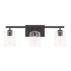 three light bathroom fixture with clear glass shades on the bottom and black metal frame,