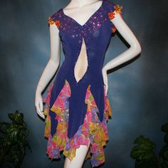 will fit size 5/6-11/12, very stretchy Be bold and express yourself in this Latin-rhythm dress that converts to a ballroom dress, crafted from luxurious deep periwinkle purple slinky stretch fabric featuring vibrant floral print accents. The eye-catching details don't stop there: embellishments of silk flowers & Swarovski rhinestones add a touch of sparkle, while the wrap-style long skirt brings movement and drama with yards of petal-like chiffon panels. A great buy, as to have a similar custom Fitted Ballroom Dress For Summer, Fitted Summer Ballroom Dress, Fitted Blue Ballroom Dress, Blue Stretch Dresses For Ballroom, Blue Summer Dance Dress, Fitted Purple Dance Dress, Fitted Purple Dress For Dance, Purple Fitted Dress For Ballroom, Deep Periwinkle