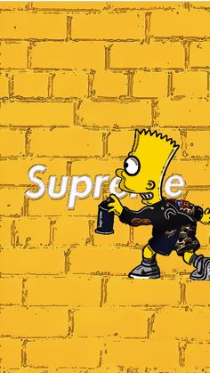 the simpsons character is holding a cup in front of a brick wall that says supreme