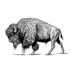 an animal that is standing on the ground in black and white ink, it looks like a bison