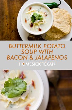 buttermik potato soup with bacon and jalapenos in a white bowl