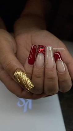 Red and gold nails Gold And Red Acrylic Nails, Gold Sparkly Nails, Gold Manicure, Nail 2024, Hoco Nails, Red And Gold Nails, Red Acrylic Nails