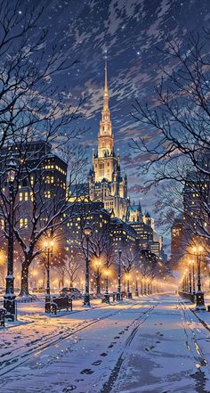 a painting of a snowy city at night