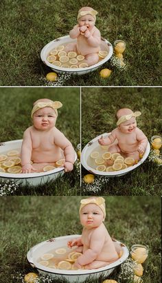 a baby sitting in a tub with lemons on the side and another photo taken from above