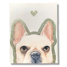 a painting of a dog's face with green glitters on its ears and nose