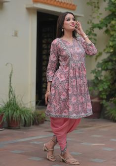 Dhoti Kurta Designs Women, Traditional Salwar Kameez With Floral Print For Transitional Season, Pink Straight Kurta Salwar Kameez With Kalamkari Print, Pink Kalamkari Print Straight Kurta Salwar Kameez, Pink Kalamkari Print Straight Salwar Kameez, Traditional Floral Print Sets For Transitional Season, Anarkali Mulmul Kurta With Floral Print, Traditional Lawn Suit With Floral Print For Navratri, Traditional Navratri Lawn Suit With Floral Print