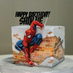 a spiderman birthday cake is on display