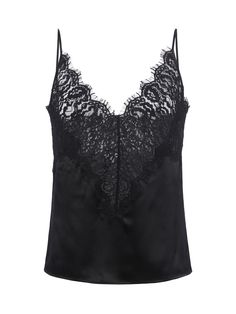 A lingerie-inspired cami in pure black silk charmeuse. Semi-fitted design releases from slim spaghetti straps into deep V-neckline bodice with sheer lace inset. Eyelash-trimmed scallop-edge detail adds an extra-feminine finish. Adjustable straps. 100% Silk. Subtle Lingerie, Great Neck New York, Black Cami, Cami Nyc, Scallop Edge, Silk Camisole, Pure Black, Silk Lace, Lace Camisole