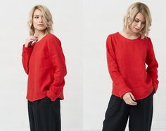 "The linen blouse has a rounded neck and long sleeves. This linen blouse will be great for workwear or for formal events as well as everyday casual wear. The linen blouse looks natural, elegant, and effortless. Linen blouse available in various colors. ❤️ ❤️ Our products catalog - https://www.etsy.com/listing/1044801005❤️❤️ Save your time browsing the shop, take a look at the catalog! 📌 Check your measurements in the size chart to avoid returns or exchanges! ** Every linen clothes has different Red Linen Blouse, Linen Blouse For Work With 3/4 Sleeves, Red Relaxed Fit Linen Shirt, Casual Flax-color Linen Blouse, Chic Linen 3/4 Sleeve Blouse, Linen Top Women, Linen Tank Top, Linen Tunic, Blouse Price