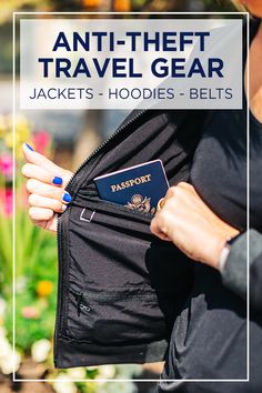 a person holding an anti - thief travel gear wallet with the words, jackets hoodies belts