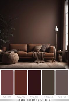 a living room with brown walls and furniture in the color scheme, it's all dark