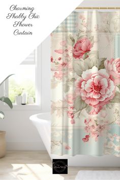 a shower curtain with pink flowers on it and the words, charming shabby chic flower center