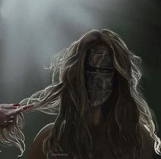 a man with long hair and a mask on his face is combing another mans hair