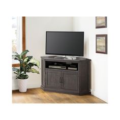 a flat screen tv sitting on top of a wooden entertainment center next to a potted plant