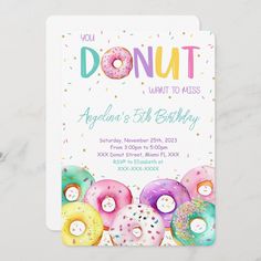 a birthday party card with donuts and sprinkles on the front, in bright colors