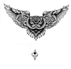 an owl with wings and eyes on it's chest is drawn in black ink