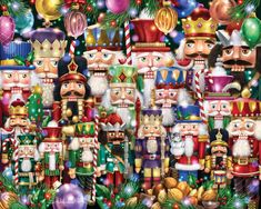 a large group of nutcrackers surrounded by christmas decorations