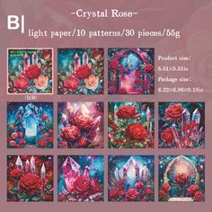 several images of roses and candles with the text crystal rose light paper / 10 patterns / 80 pieces / 50g