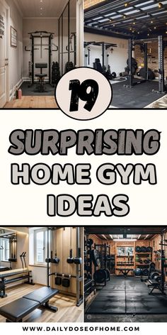 some gym equipment with the words surprising home gym ideas on it and pictures of them