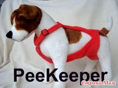 a stuffed dog wearing a red harness on top of a white t - shirt that says peekeeper