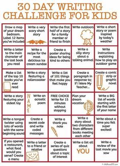 the 30 day writing challenge for kids is shown in red and white with orange lettering