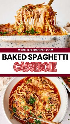 baked spaghetti casserole in a white bowl with parmesan cheese