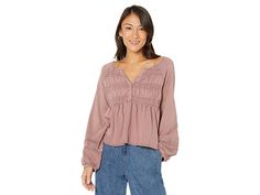 Lucky Brand Textured Babydoll Top - Women's Clothing : Twilight Mauve : Get an elegant style with a super-soft and comfy Lucky Brand Textured Babydoll Top, defined by flared silhouette. V-neckline with three-buttoned closure. Long raglan blouson sleeves. Smoked detailing on the front. Straight raw hemline. 100% cotton. Machine wash, tumble dry. Imported. Measurements: Length: 23 in Product measurements were taken using size XS (US 0-2). Please note that measurements may vary by size. V-neck Top For Daywear In Fall, Casual Flowy V-neck Peasant Top, Elegant V-neck Peasant Top For Fall, Casual Rayon Blouse With Split Neck, Feminine Peasant Top For Fall Daywear, V-neck Top For Fall Daywear, Casual V-neck Split Neck Top For Fall, Casual Split Neck V-neck Top For Fall, Flowy V-neck Blouse For Fall