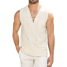 The sleeveless shirt goes a long way in summoning big bohemian vacation energy. It's soft and fluttery, prone to swaying gently in welcome gusts of wind. It's super lightweight and the textured surface immediately confers a certain degree of respectability, you'll be able to conquer the summer heat with grace and distinction. Cotton Vest Top For Vacation, Sleeveless Cotton Vest For Beach Season, Sleeveless Cotton Vest For Beach, Sleeveless Cotton Beach Vest, Sleeveless Vacation Vest For Beach Season, Beach Sleeveless Cotton Vest, Cotton V-neck Vest For Beach, V-neck Cotton Vest For The Beach, Cotton V-neck Beach Vest