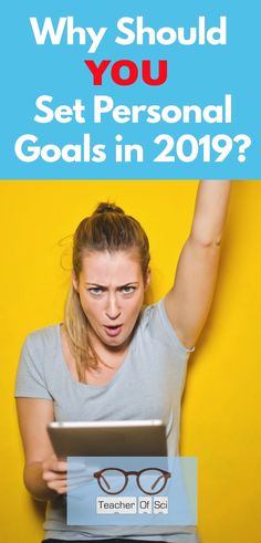 a woman with her hands up in the air while looking at a laptop screen that says, why should you set personal goals in 2019?