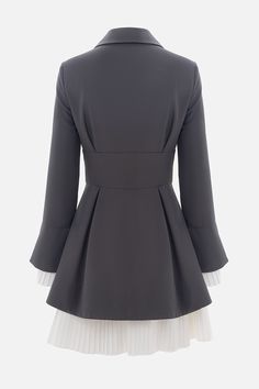 DESCRIPTION: Playful mini dress of a fitted silhouette with wide lapels on the bodice and elegant waistband. as well as straight long sleeves with flared cuffs and a light skirt with pleats at the waist. It fastens with a row of large buttons at the front and is completed with white pleated inserts on the sleeves and bottom edge. DETAILS: Mini length Semi-fitted silhouette V-neckline Waistband Long sleeves Flared skirt with pleats Contrast inserts on the cuffs and bottom edge Matching button fastening Occasions: Work Fabric: Polyester Model is wearing size small. Pleated Blazer, Skirt With Pleats, Blazer Mini Dress, Fitted Mini Dress, Online Fashion Store, Large Buttons, Fitted Silhouette, Flared Skirt, Online Fashion Stores