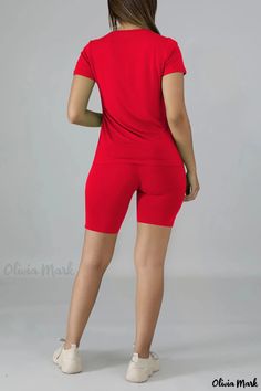 Olivia Mark - Professional Womens Grey Knit Two-Piece Suit: Solid Design with Patchwork and Short Sleeves Fitted V-neck Solid Color Sets, Fitted Solid Color V-neck Sets, Casual Red Stretch Sets, Fitted Casual Solid Color Sets, Casual Fitted Solid Color Sets, Solid Color Stretch Sets With Crew Neck, Casual V-neck Sets For Workwear, Solid Color Stretch Crew Neck Sets, Stretch Solid Color Short Sleeve Set