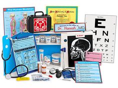 an assortment of medical supplies including eyeglasses, stethoscopes and more