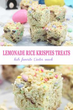 lemonade rice krispies treats are stacked on top of each other