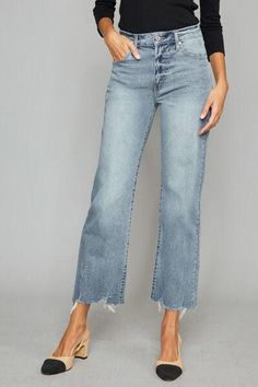 These High Waist Raw Hem Cropped Wide Leg Jeans are the perfect combination of trendy. The high waist design accentuates your curves and creates a flattering silhouette. The wide leg style adds a touch of sophistication and versatility, making them suitable for both casual and dressed-up occasions. The raw hem detailing adds a bit of edginess to the jeans, giving them a unique and modern look. With their cropped length, these jeans are perfect for showing off your favorite pair of shoes or sanda Corset Leggings, Scarf Coverup, Cropped Wide Leg Jeans, Confident Style, California Casual, Kids Scarf, Blazer With Jeans, Kids Pants, Cozy Sweater