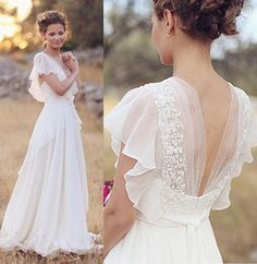 the back of a woman's wedding dress, with her hands on her chest