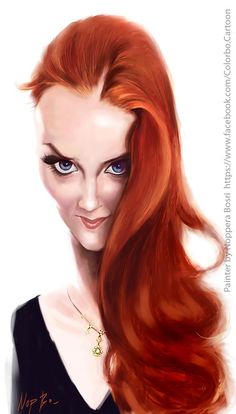 a woman with long red hair and blue eyes is shown in this digital painting style