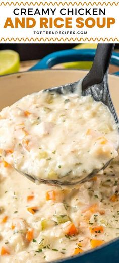 creamy chicken and rice soup in a blue pot with a ladle full of it