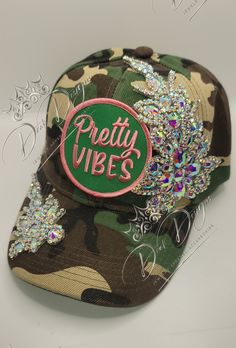 One of a Kind Design. Bling applique and patched cap. Many options to choose from. Pretty Vibes, Dope Hats, Caps Hats, Apparel Accessories, Accessories Hats, Accessory Gift, Electronic Accessories, Purses And Bags