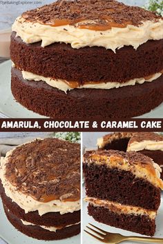 there is a cake with chocolate and caramel icing on the top, then topped with whipped cream