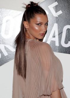 Celeb Half Up Half Down Hair, Slicked Back Hairstyles Half Up Half Down, Half Up Half Down Clean Look, Half Hair Up Half Down, Sleek Back Half Up Half Down, Slik Hairstyles Half Up, Long Half Up Hairstyles, Half Up Slick Back Hair, Slicked Back Half Up Half Down