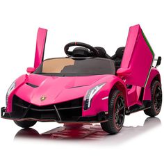 a pink toy car with its doors open