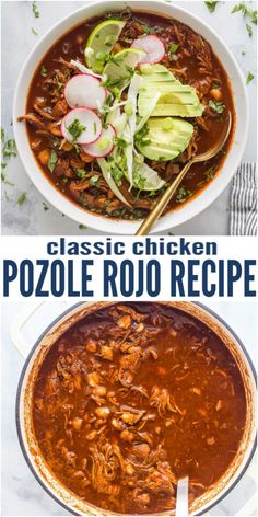 two pictures showing the different types of chicken pozole roo recipe in bowls